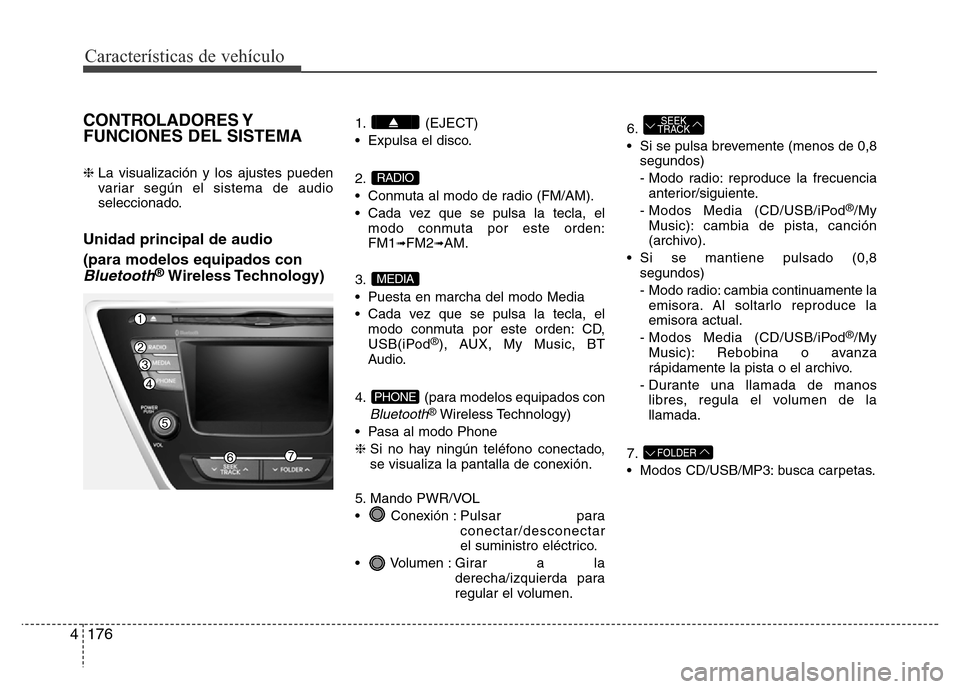 Hyundai Elantra 2016  Manual del propietario (i35) (in Spanish) Características de vehículo
176 4
CONTROLADORES Y
FUNCIONES DEL SISTEMA
❈ La visualización y los ajustes pueden
variar según el sistema de audio
seleccionado.
Unidad principal de audio 
(para mo