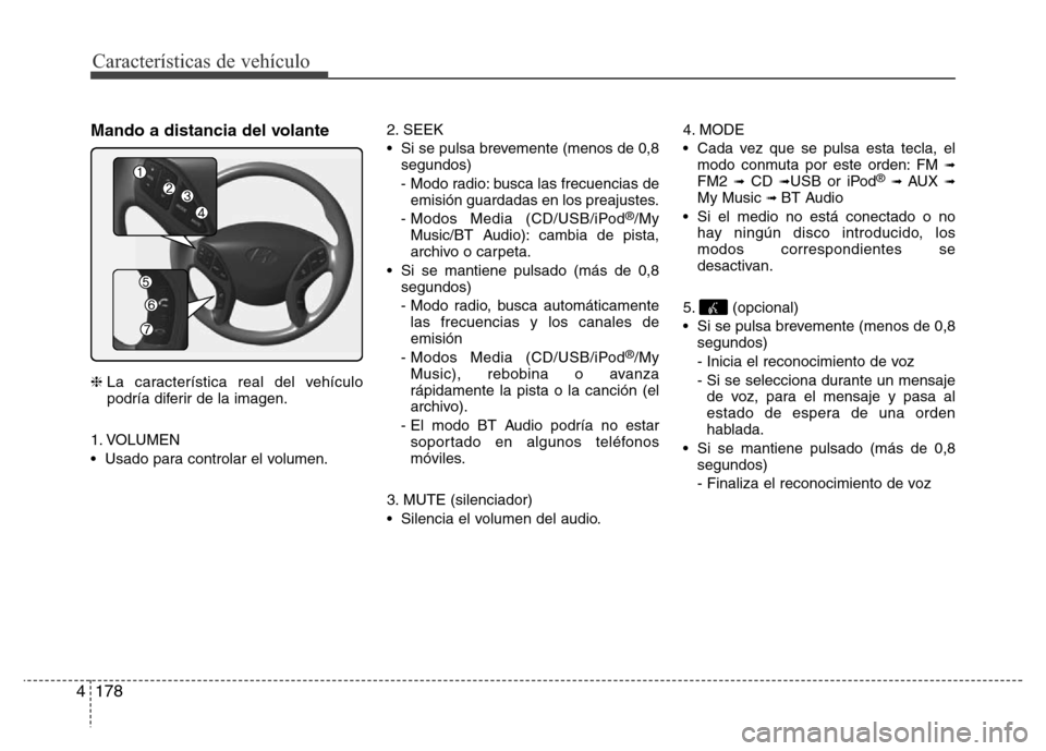 Hyundai Elantra 2016  Manual del propietario (i35) (in Spanish) Características de vehículo
178 4
Mando a distancia del volante
❈La característica real del vehículo
podría diferir de la imagen.
1. VOLUMEN
• Usado para controlar el volumen.2. SEEK
• Si s