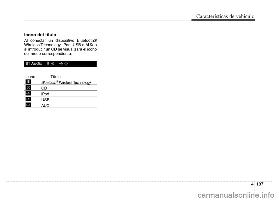 Hyundai Elantra 2016  Manual del propietario (i35) (in Spanish) 4187
Características de vehículo
Icono del título 
Al conectar un dispositivo Bluetooth®
Wireless Technology, iPod, USB o AUX o
al introducir un CD se visualizará el icono
del modo correspondient