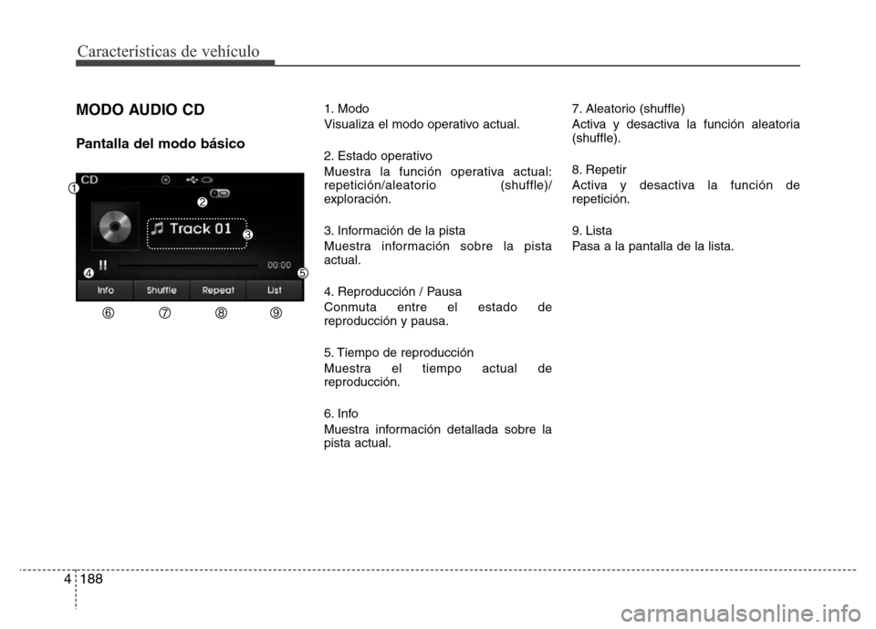 Hyundai Elantra 2016  Manual del propietario (i35) (in Spanish) Características de vehículo
188 4
MODO AUDIO CD
Pantalla del modo básico
1. Modo
Visualiza el modo operativo actual.
2. Estado operativo
Muestra la función operativa actual:
repetición/aleatorio 