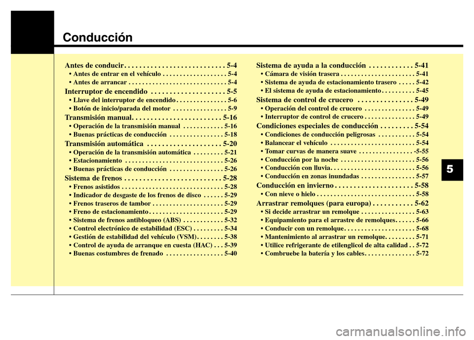 Hyundai Elantra 2016 Manual del propietario (i35) (in Spanish) Conducción
Antes de conducir . . . . . . . . . . . . . . . . . . . . . . . . . . . 5-4
• Antes de entrar en el vehículo . . . . . . . . . . . . . . . . . . . 5-4
• Antes de arrancar . . . . . . Hyundai Elantra 2016 Manual del propietario (i35) (in Spanish) Conducción
Antes de conducir . . . . . . . . . . . . . . . . . . . . . . . . . . . 5-4
• Antes de entrar en el vehículo . . . . . . . . . . . . . . . . . . . 5-4
• Antes de arrancar . . . . . .