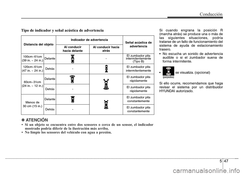 Hyundai Elantra 2016 Manual del propietario (i35) (in Spanish) 547
Conducción
Si cuando engrana la posición R
(marcha atrás) se produce una o más de
las siguientes situaciones, podría
tratarse de un fallo de funcionamiento del
sistema de ayuda de estacionami Hyundai Elantra 2016 Manual del propietario (i35) (in Spanish) 547
Conducción
Si cuando engrana la posición R
(marcha atrás) se produce una o más de
las siguientes situaciones, podría
tratarse de un fallo de funcionamiento del
sistema de ayuda de estacionami