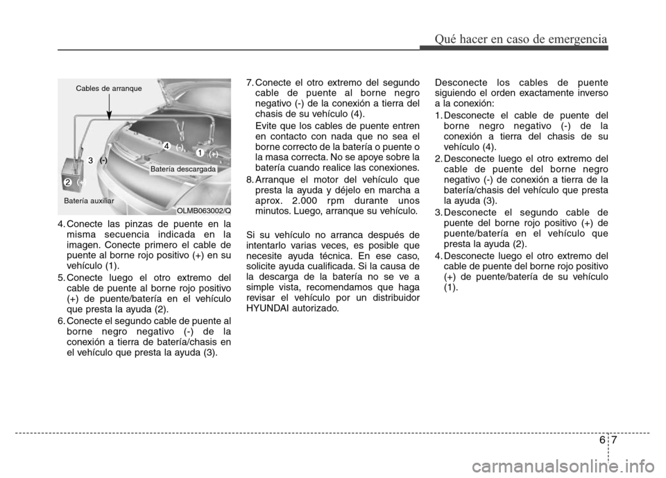 Hyundai Elantra 2016 Manual del propietario (i35) (in Spanish) 4. Conecte las pinzas de puente en la
misma secuencia indicada en la
imagen. Conecte primero el cable de
puente al borne rojo positivo (+) en su
vehículo (1).
5. Conecte luego el otro extremo del
cab Hyundai Elantra 2016 Manual del propietario (i35) (in Spanish) 4. Conecte las pinzas de puente en la
misma secuencia indicada en la
imagen. Conecte primero el cable de
puente al borne rojo positivo (+) en su
vehículo (1).
5. Conecte luego el otro extremo del
cab