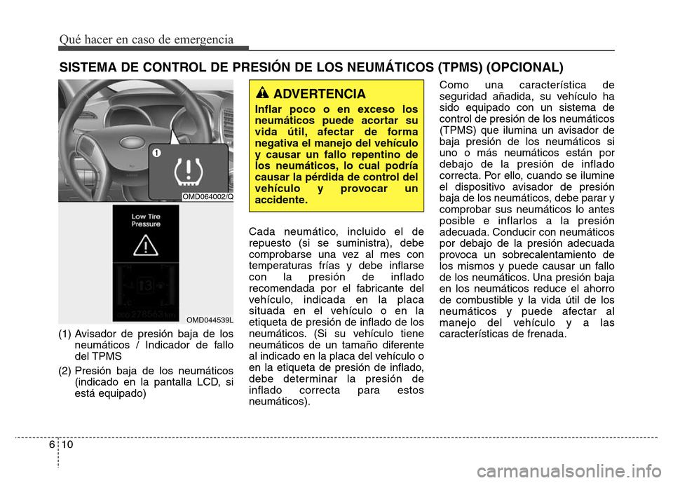 Hyundai Elantra 2016  Manual del propietario (i35) (in Spanish) (1) Avisador de presión baja de los
neumáticos / Indicador de fallo
del TPMS
(2) Presión baja de los neumáticos
(indicado en la pantalla LCD, si
está equipado)Cada neumático, incluido el de
repu