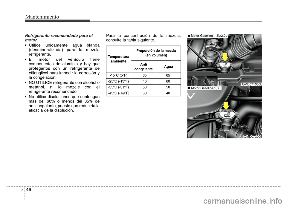 Hyundai Elantra 2016 Manual del propietario (i35) (in Spanish) Mantenimiento
46 7
Refrigerante recomendado para el
motor
• Utilice únicamente agua blanda
(desmineralizada) para la mezcla
refrigerante.
• El motor del vehículo tiene
componentes de aluminio y Hyundai Elantra 2016 Manual del propietario (i35) (in Spanish) Mantenimiento
46 7
Refrigerante recomendado para el
motor
• Utilice únicamente agua blanda
(desmineralizada) para la mezcla
refrigerante.
• El motor del vehículo tiene
componentes de aluminio y