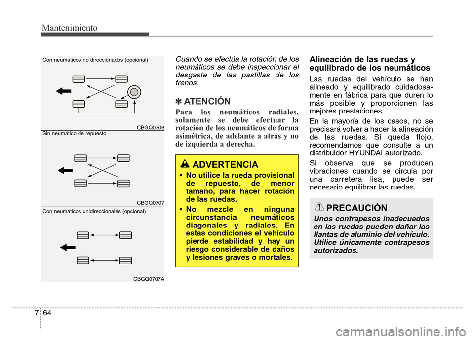 Hyundai Elantra 2016 Manual del propietario (i35) (in Spanish) Mantenimiento
64 7
Cuando se efectúa la rotación de los
neumáticos se debe inspeccionar el
desgaste de las pastillas de los
frenos.
✽ATENCIÓN
Para los neumáticos radiales,
solamente se debe efe Hyundai Elantra 2016 Manual del propietario (i35) (in Spanish) Mantenimiento
64 7
Cuando se efectúa la rotación de los
neumáticos se debe inspeccionar el
desgaste de las pastillas de los
frenos.
✽ATENCIÓN
Para los neumáticos radiales,
solamente se debe efe