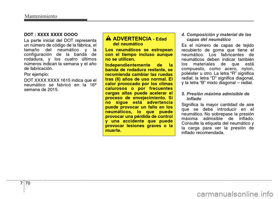 Hyundai Elantra 2016 Manual del propietario (i35) (in Spanish) Mantenimiento
70 7
DOT : XXXX XXXX OOOO
La parte inicial del DOT representa
un número de código de la fábrica, el
tamaño del neumático y la
configuración de la banda de
rodadura, y los cuatro ú Hyundai Elantra 2016 Manual del propietario (i35) (in Spanish) Mantenimiento
70 7
DOT : XXXX XXXX OOOO
La parte inicial del DOT representa
un número de código de la fábrica, el
tamaño del neumático y la
configuración de la banda de
rodadura, y los cuatro ú