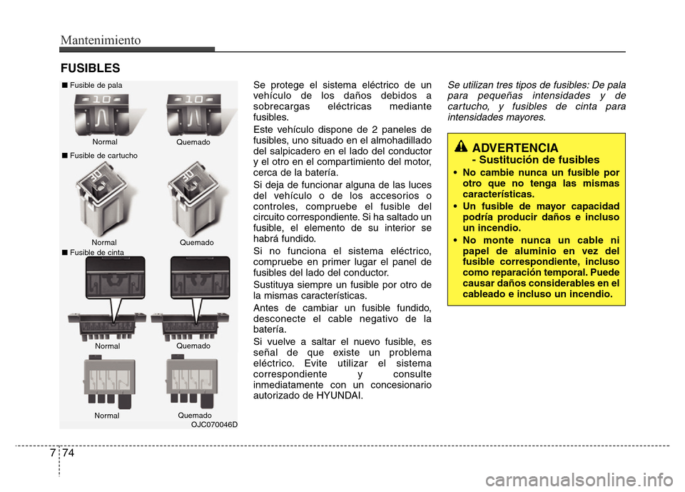 Hyundai Elantra 2016 Manual del propietario (i35) (in Spanish) Mantenimiento
74 7
FUSIBLES
Se protege el sistema eléctrico de un
vehículo de los daños debidos a
sobrecargas eléctricas mediante
fusibles.
Este vehículo dispone de 2 paneles de
fusibles, uno sit Hyundai Elantra 2016 Manual del propietario (i35) (in Spanish) Mantenimiento
74 7
FUSIBLES
Se protege el sistema eléctrico de un
vehículo de los daños debidos a
sobrecargas eléctricas mediante
fusibles.
Este vehículo dispone de 2 paneles de
fusibles, uno sit