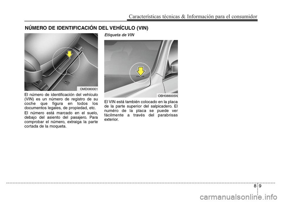 Hyundai Elantra 2016  Manual del propietario (i35) (in Spanish) 89
Características técnicas & Información para el consumidor
El número de identificación del vehículo
(VIN) es un número de registro de su
coche que figura en todos los
documentos legales, de p