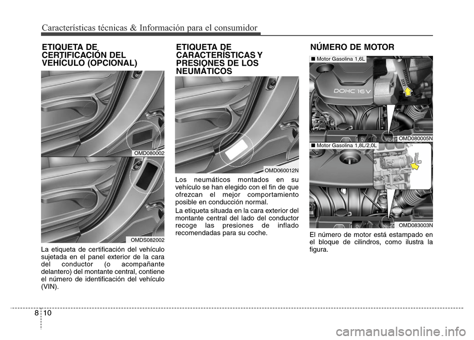 Hyundai Elantra 2016  Manual del propietario (i35) (in Spanish) Características técnicas & Información para el consumidor
10 8
La etiqueta de certificación del vehículo
sujetada en el panel exterior de la cara
del conductor (o acompañante
delantero) del mont