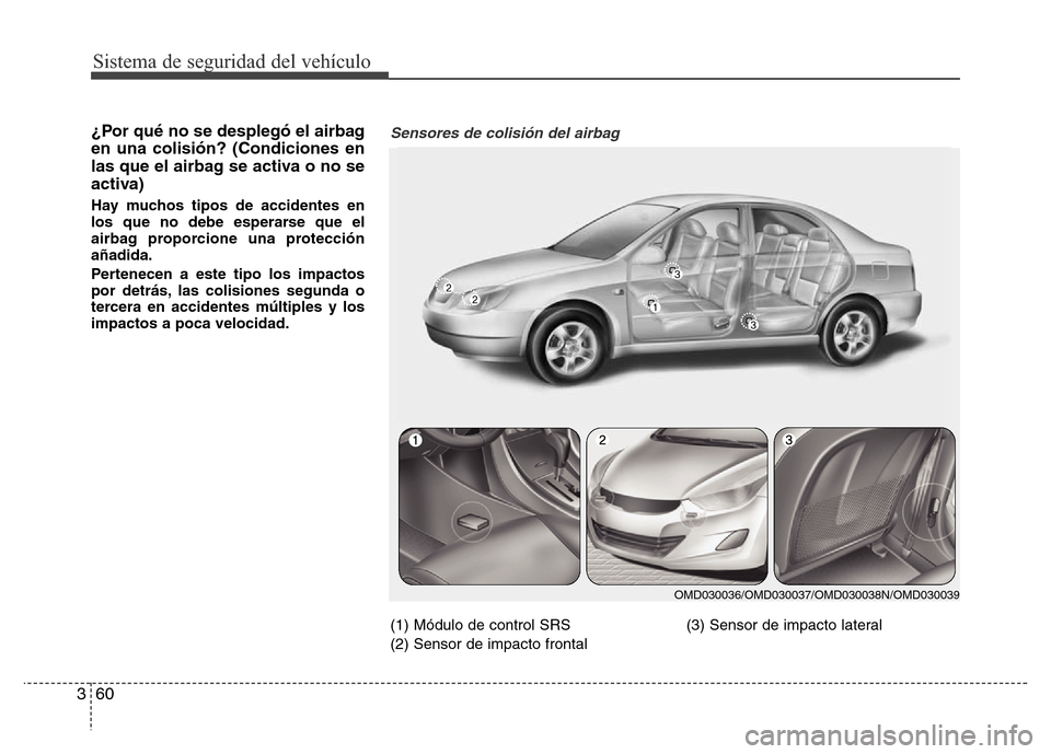 Hyundai Elantra 2016  Manual del propietario (i35) (in Spanish) Sistema de seguridad del vehículo
60 3
¿Por qué no se desplegó el airbag
en una colisión? (Condiciones en
las que el airbag se activa o no se
activa)
Hay muchos tipos de accidentes en
los que no 