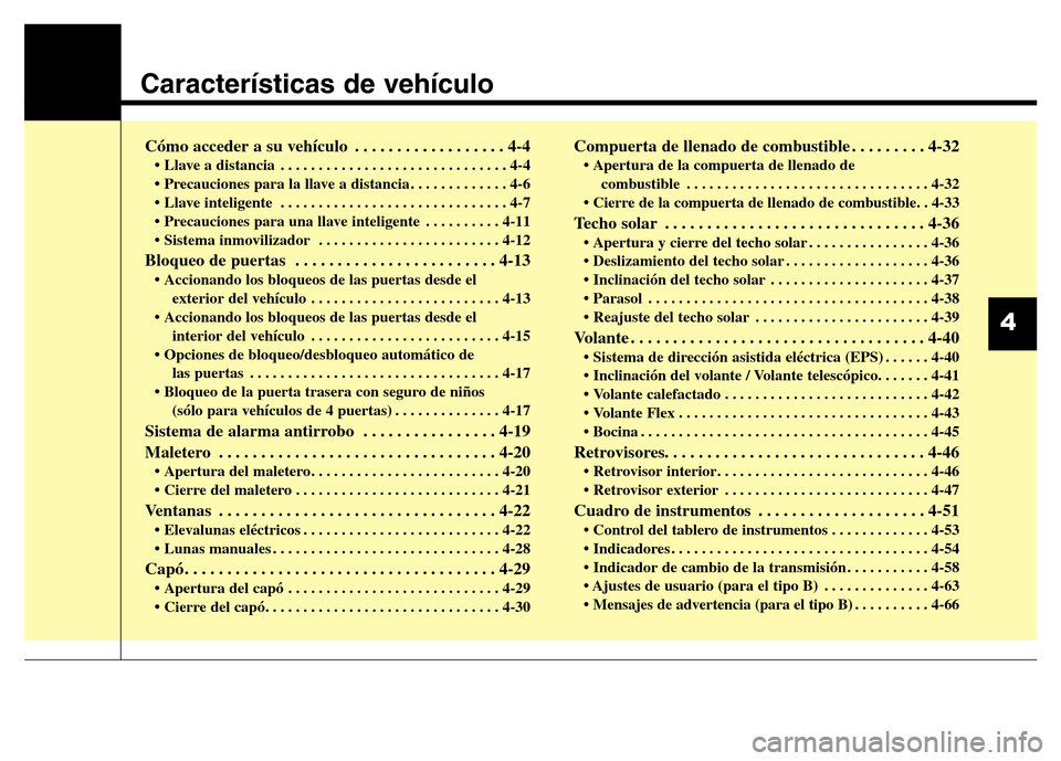 Hyundai Elantra 2016  Manual del propietario (i35) (in Spanish) Características de vehículo
Cómo acceder a su vehículo . . . . . . . . . . . . . . . . . . 4-4
• Llave a distancia  . . . . . . . . . . . . . . . . . . . . . . . . . . . . . . 4-4
• Precaucion