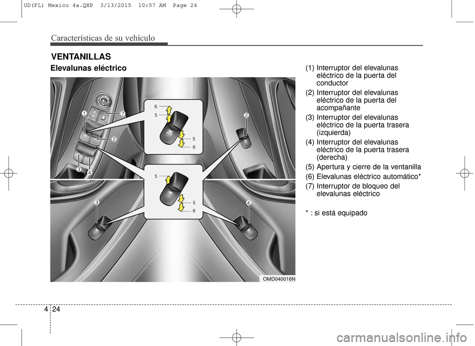 Hyundai Elantra 2016  Manual del propietario (in Spanish) Características de su vehículo
24
4
Elevalunas eléctrico(1) Interruptor del elevalunas
eléctrico de la puerta del
conductor
(2) Interruptor del elevalunas eléctrico de la puerta del
acompañante

