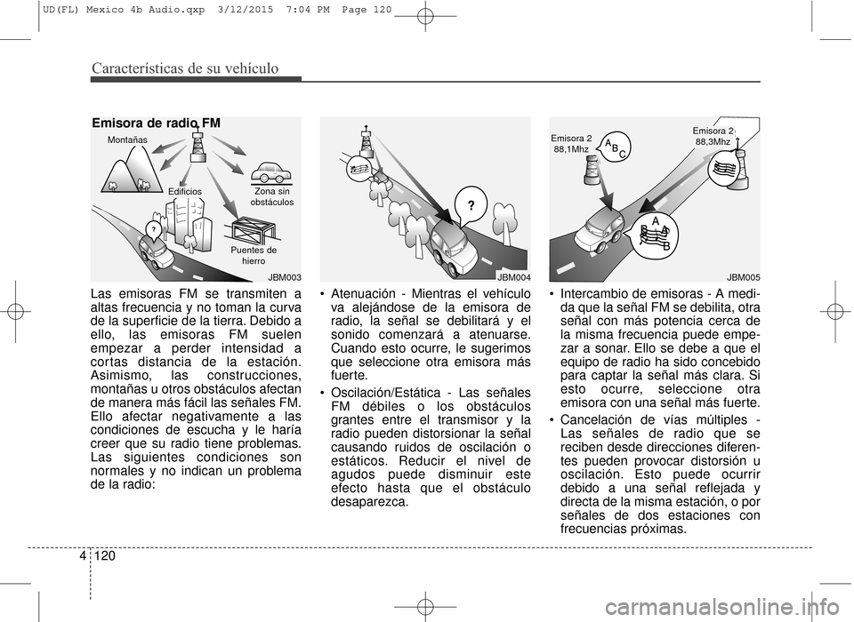 Hyundai Elantra 2016 Manual del propietario (in Spanish) Características de su vehículo
120
4
Las emisoras FM se transmiten a
altas frecuencia y no toman la curva
de la superficie de la tierra. Debido a
ello, las emisoras FM suelen
empezar a perder intens Hyundai Elantra 2016 Manual del propietario (in Spanish) Características de su vehículo
120
4
Las emisoras FM se transmiten a
altas frecuencia y no toman la curva
de la superficie de la tierra. Debido a
ello, las emisoras FM suelen
empezar a perder intens