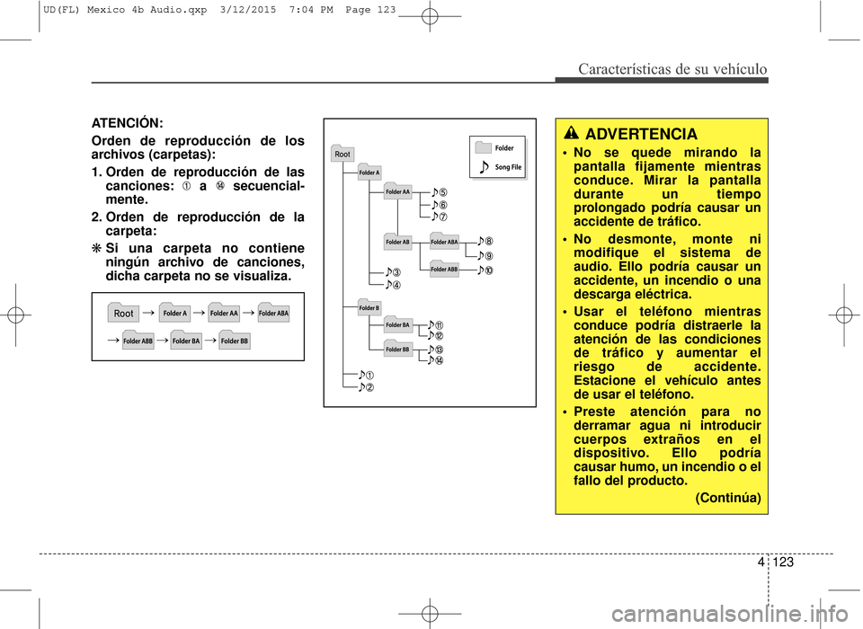 Hyundai Elantra 2016 Manual del propietario (in Spanish) 4123
Características de su vehículo
ATENCIÓN:
Orden de reproducción de los
archivos (carpetas):
1. Orden de reproducción de lascanciones: a secuencial-
mente.
2. Orden de reproducción de la carp Hyundai Elantra 2016 Manual del propietario (in Spanish) 4123
Características de su vehículo
ATENCIÓN:
Orden de reproducción de los
archivos (carpetas):
1. Orden de reproducción de lascanciones: a secuencial-
mente.
2. Orden de reproducción de la carp