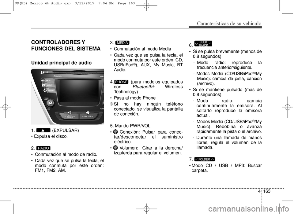 Hyundai Elantra 2016  Manual del propietario (in Spanish) 4163
Características de su vehículo
CONTROLADORES Y
FUNCIONES DEL SISTEMA
Unidad principal de audio 
1. (EXPULSAR)

2.
 Conmutación al modo de radio.
 Cada vez que se pulsa la tecla, elmodo conmuta