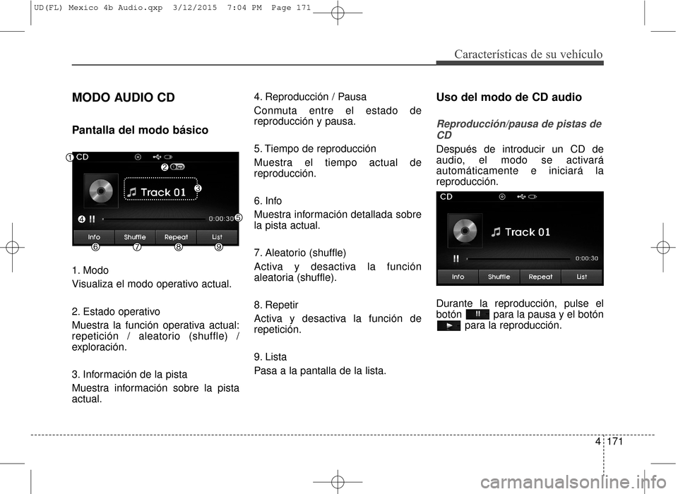 Hyundai Elantra 2016  Manual del propietario (in Spanish) 4171
Características de su vehículo
MODO AUDIO CD
Pantalla del modo básico
1. Modo
Visualiza el modo operativo actual.
2. Estado operativo
Muestra la función operativa actual:
repetición / aleato