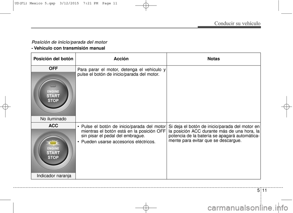 Hyundai Elantra 2016 Manual del propietario (in Spanish) 511
Conducir su vehículo
Posición de inicio/parada del motor
- Vehículo con transmisión manualPosición del botón Acción Notas
OFF Para parar el motor, detenga el vehículo y
pulse el botón de Hyundai Elantra 2016 Manual del propietario (in Spanish) 511
Conducir su vehículo
Posición de inicio/parada del motor
- Vehículo con transmisión manualPosición del botón Acción Notas
OFF Para parar el motor, detenga el vehículo y
pulse el botón de