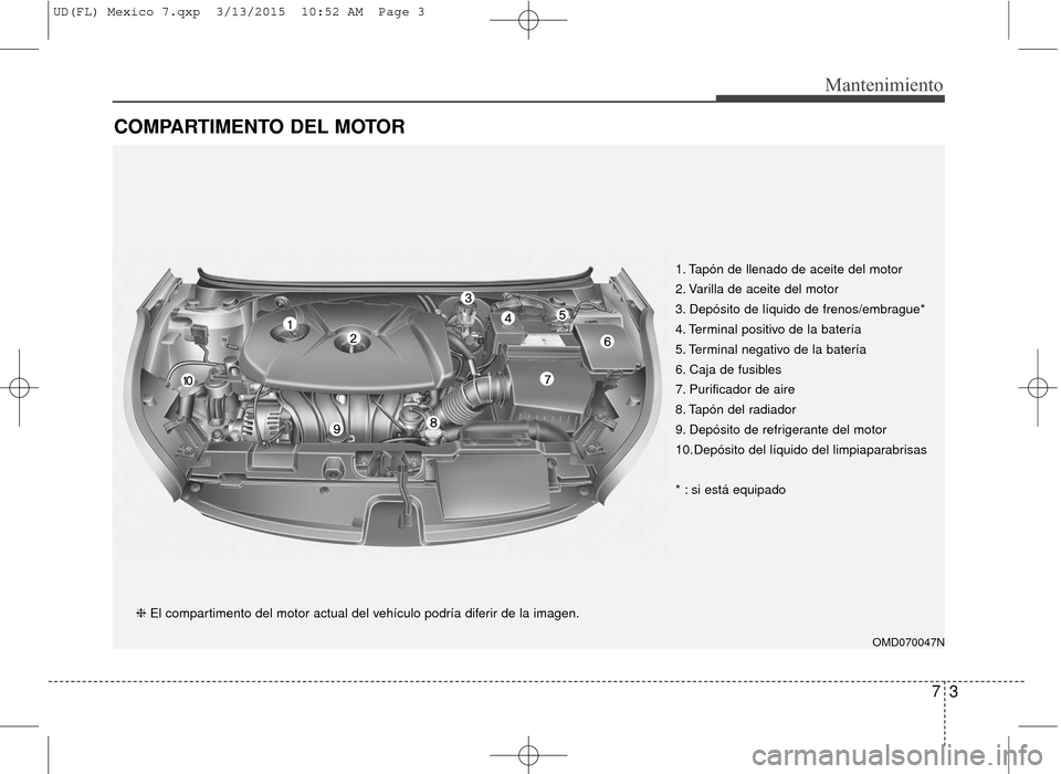 Hyundai Elantra 2016 Manual del propietario (in Spanish) 73
Mantenimiento
COMPARTIMENTO DEL MOTOR
OMD070047N
❈El compartimento del motor actual del vehículo podría diferir de la imagen. 1. Tapón de llenado de aceite del motor
2. Varilla de aceite del Hyundai Elantra 2016 Manual del propietario (in Spanish) 73
Mantenimiento
COMPARTIMENTO DEL MOTOR
OMD070047N
❈El compartimento del motor actual del vehículo podría diferir de la imagen. 1. Tapón de llenado de aceite del motor
2. Varilla de aceite del