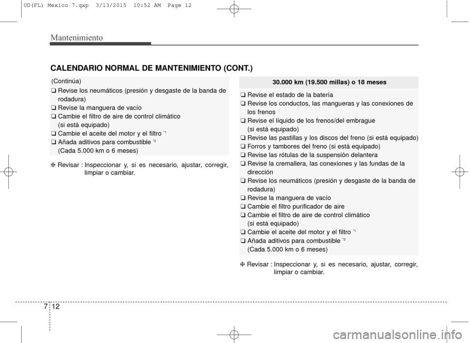 Hyundai Elantra 2016  Manual del propietario (in Spanish) Mantenimiento
12
7
CALENDARIO NORMAL DE MANTENIMIENTO (CONT.)
(Continúa)
❑  Revise los neumáticos (presión y desgaste de la banda de
rodadura)
❑  Revise la manguera de vacío
❑  Cambie el fil