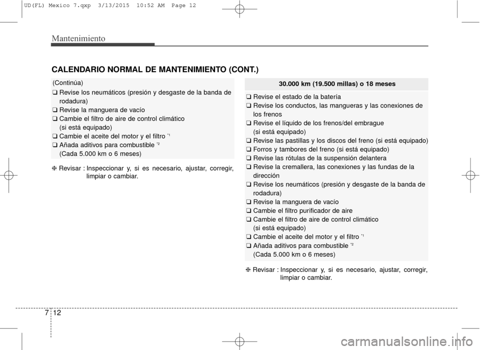 Hyundai Elantra 2016 Manual del propietario (in Spanish) Mantenimiento
12
7
CALENDARIO NORMAL DE MANTENIMIENTO (CONT.)
(Continúa)
❑ Revise los neumáticos (presión y desgaste de la banda de
rodadura)
❑ Revise la manguera de vacío
❑ Cambie el fil Hyundai Elantra 2016 Manual del propietario (in Spanish) Mantenimiento
12
7
CALENDARIO NORMAL DE MANTENIMIENTO (CONT.)
(Continúa)
❑ Revise los neumáticos (presión y desgaste de la banda de
rodadura)
❑ Revise la manguera de vacío
❑ Cambie el fil