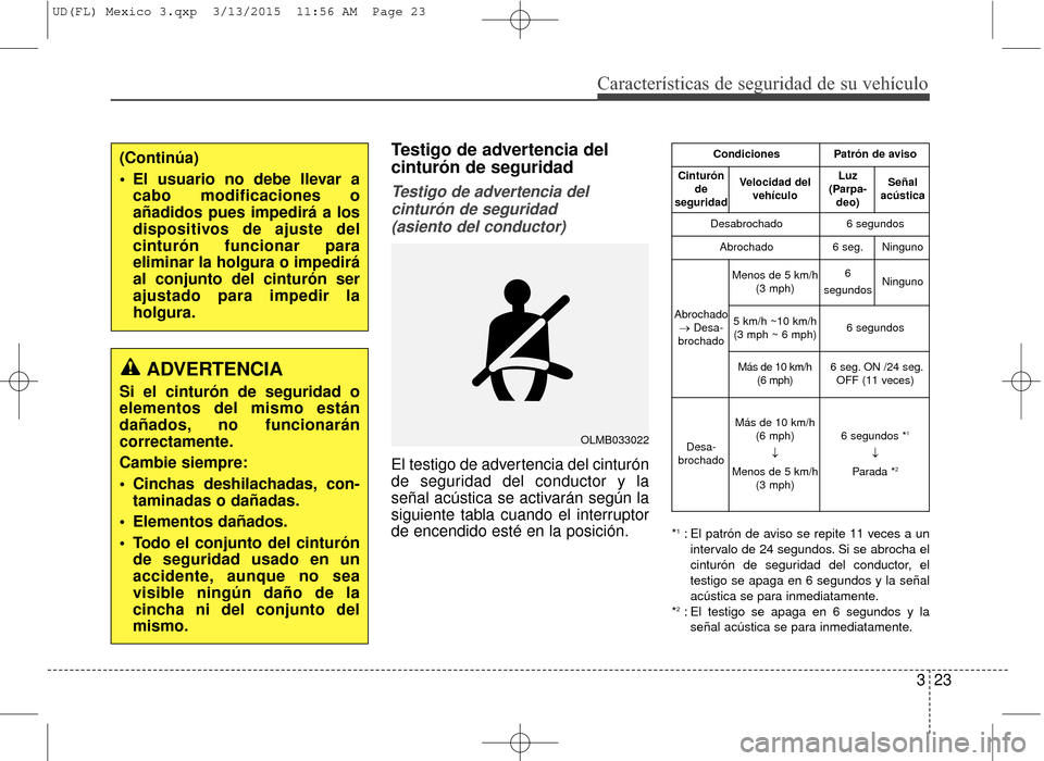 Hyundai Elantra 2016 Manual del propietario (in Spanish) Características de seguridad de su vehículo
323
Testigo de advertencia del
cinturón de seguridad
Testigo de advertencia delcinturón de seguridad (asiento del conductor)
El testigo de advertencia d Hyundai Elantra 2016 Manual del propietario (in Spanish) Características de seguridad de su vehículo
323
Testigo de advertencia del
cinturón de seguridad
Testigo de advertencia delcinturón de seguridad (asiento del conductor)
El testigo de advertencia d