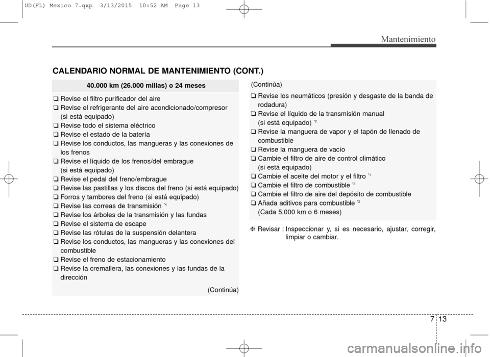 Hyundai Elantra 2016 Manual del propietario (in Spanish) 713
Mantenimiento
CALENDARIO NORMAL DE MANTENIMIENTO (CONT.)
(Continúa)
❑ Revise los neumáticos (presión y desgaste de la banda de
rodadura)
❑ Revise el líquido de la transmisión manual
(si Hyundai Elantra 2016 Manual del propietario (in Spanish) 713
Mantenimiento
CALENDARIO NORMAL DE MANTENIMIENTO (CONT.)
(Continúa)
❑ Revise los neumáticos (presión y desgaste de la banda de
rodadura)
❑ Revise el líquido de la transmisión manual
(si