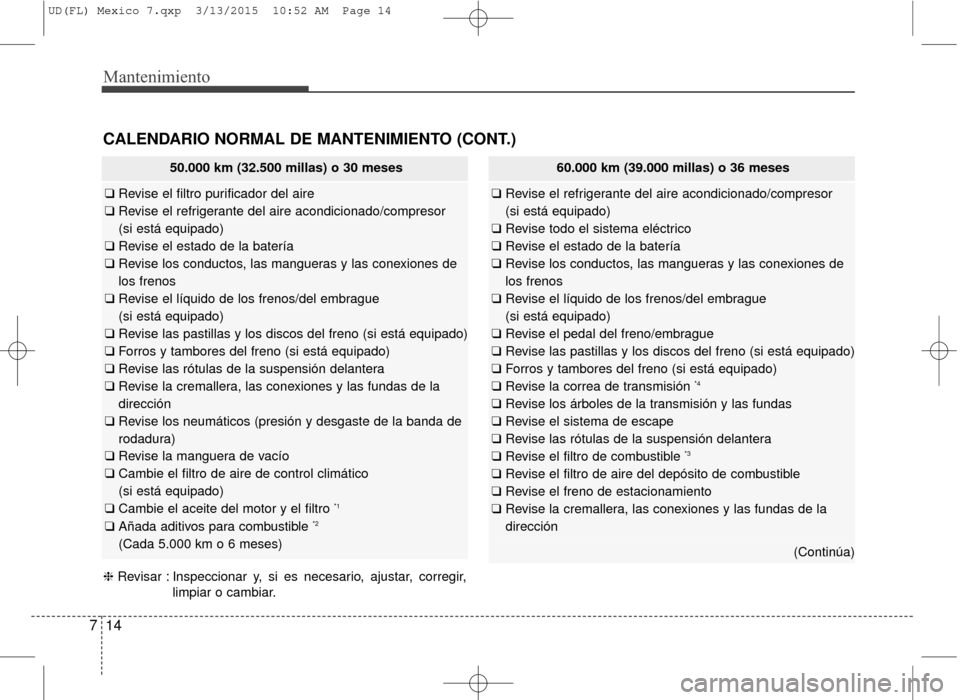 Hyundai Elantra 2016  Manual del propietario (in Spanish) Mantenimiento
14
7
CALENDARIO NORMAL DE MANTENIMIENTO (CONT.)
50.000 km (32.500 millas) o 30 meses
❑  Revise el filtro purificador del aire
❑  Revise el refrigerante del aire acondicionado/compres