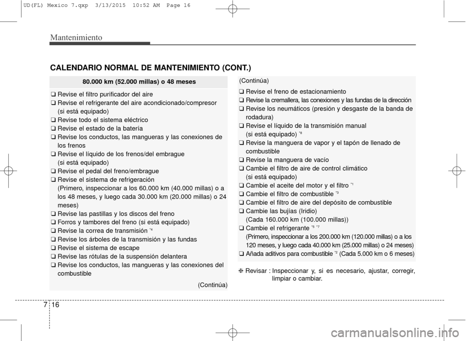 Hyundai Elantra 2016  Manual del propietario (in Spanish) Mantenimiento
16
7
CALENDARIO NORMAL DE MANTENIMIENTO (CONT.)
80.000 km (52.000 millas) o 48 meses
❑  Revise el filtro purificador del aire
❑  Revise el refrigerante del aire acondicionado/compres