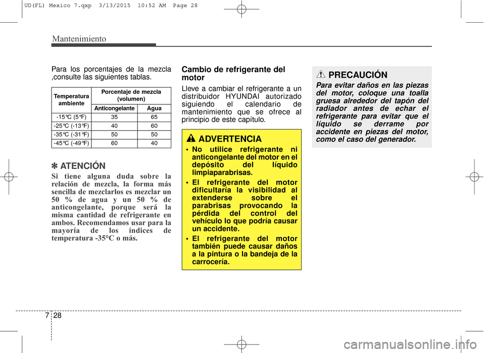 Hyundai Elantra 2016 Manual del propietario (in Spanish) Mantenimiento
28
7
Para los porcentajes de la mezcla
,consulte las siguientes tablas.
✽ ✽
ATENCIÓN
Si tiene alguna duda sobre la
relación de mezcla, la forma más
sencilla de mezclarlos es mezcl Hyundai Elantra 2016 Manual del propietario (in Spanish) Mantenimiento
28
7
Para los porcentajes de la mezcla
,consulte las siguientes tablas.
✽ ✽
ATENCIÓN
Si tiene alguna duda sobre la
relación de mezcla, la forma más
sencilla de mezclarlos es mezcl