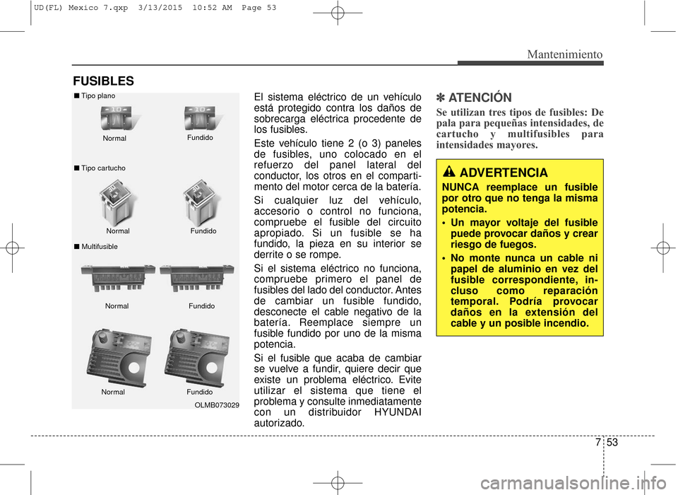 Hyundai Elantra 2016  Manual del propietario (in Spanish) 753
Mantenimiento
FUSIBLES
El sistema eléctrico de un vehículo
está protegido contra los daños de
sobrecarga eléctrica procedente de
los fusibles.
Este vehículo tiene 2 (o 3) paneles
de fusibles