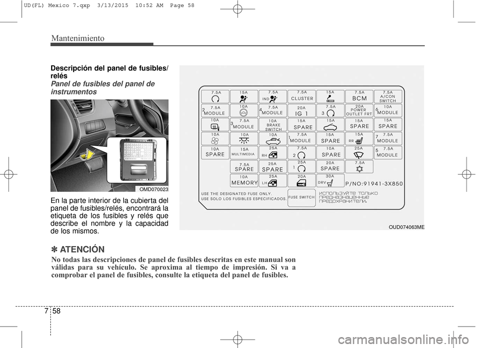 Hyundai Elantra 2016  Manual del propietario (in Spanish) Mantenimiento
58
7
Descripción del panel de fusibles/
relés
Panel de fusibles del panel de
instrumentos
En la parte interior de la cubierta del
panel de fusibles/relés, encontrará la
etiqueta de l
