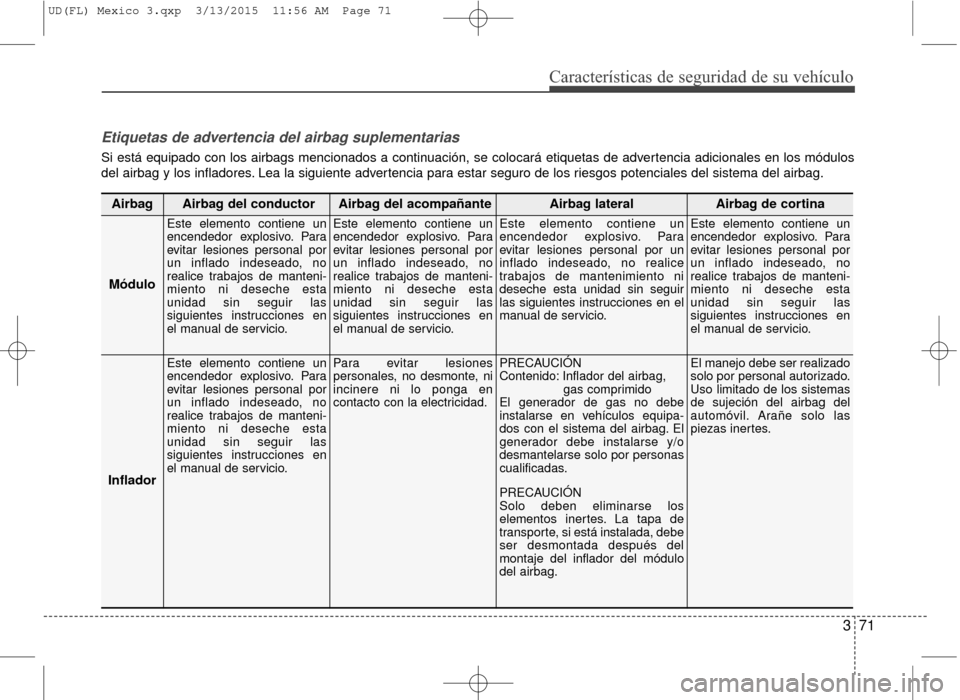 Hyundai Elantra 2016  Manual del propietario (in Spanish) Características de seguridad de su vehículo
371
Etiquetas de advertencia del airbag suplementarias
Si está equipado con los airbags mencionados a continuación, se colocará etiquetas de advertenci