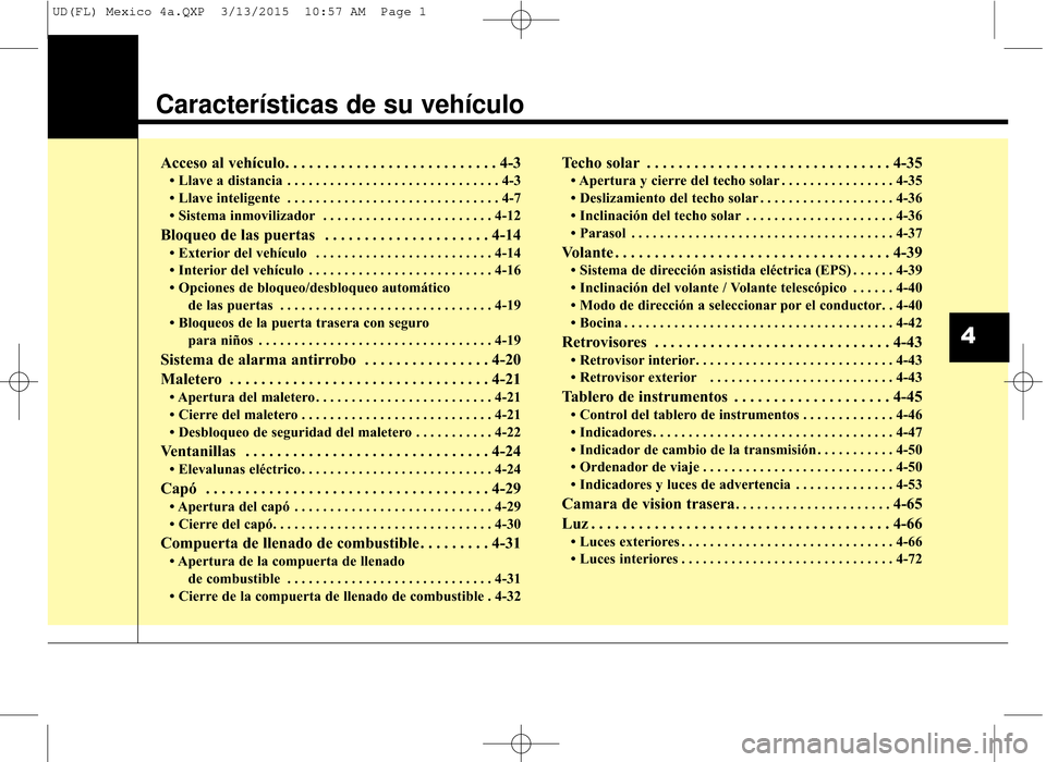 Hyundai Elantra 2016  Manual del propietario (in Spanish) Características de su vehículo
Acceso al vehículo. . . . . . . . . . . . . . . . . . . . . . . . . . . 4-3
• Llave a distancia  . . . . . . . . . . . . . . . . . . . . . . . . . . . . . . 4-3
•