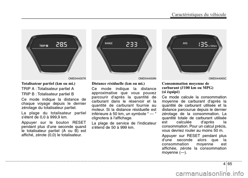 Hyundai Elantra 2016  Manuel du propriétaire (in French) 465
Caractéristiques du véhicule
Totalisateur partiel (km ou mi.)
TRIP A : Totalisateur partiel A
TRIP B : Totalisateur partiel B
Ce mode indique la distance de
chaque voyage depuis le dernier
zéro