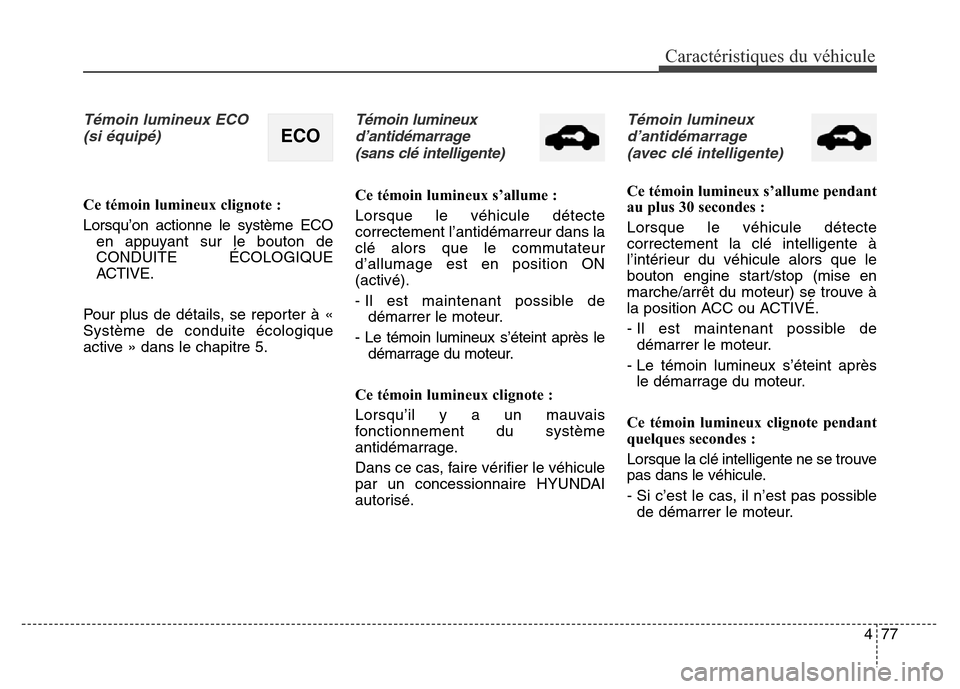 Hyundai Elantra 2016  Manuel du propriétaire (in French) 477
Caractéristiques du véhicule
Témoin lumineux ECO  (si équipé)
Ce témoin lumineux clignote :
Lorsqu’on actionne le système ECO en appuyant sur le bouton de
CONDUITE ÉCOLOGIQUE
ACTIVE.
Pou