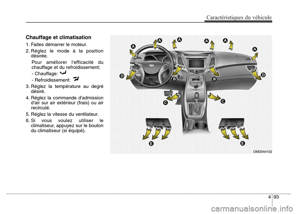 Hyundai Elantra 2016  Manuel du propriétaire (in French) 493
Caractéristiques du véhicule
Chauffage et climatisation
1. Faites démarrer le moteur.
2. Réglez le mode à la positiondésirée.
Pour améliorer lefficacité du
chauffage et du refroidissemen