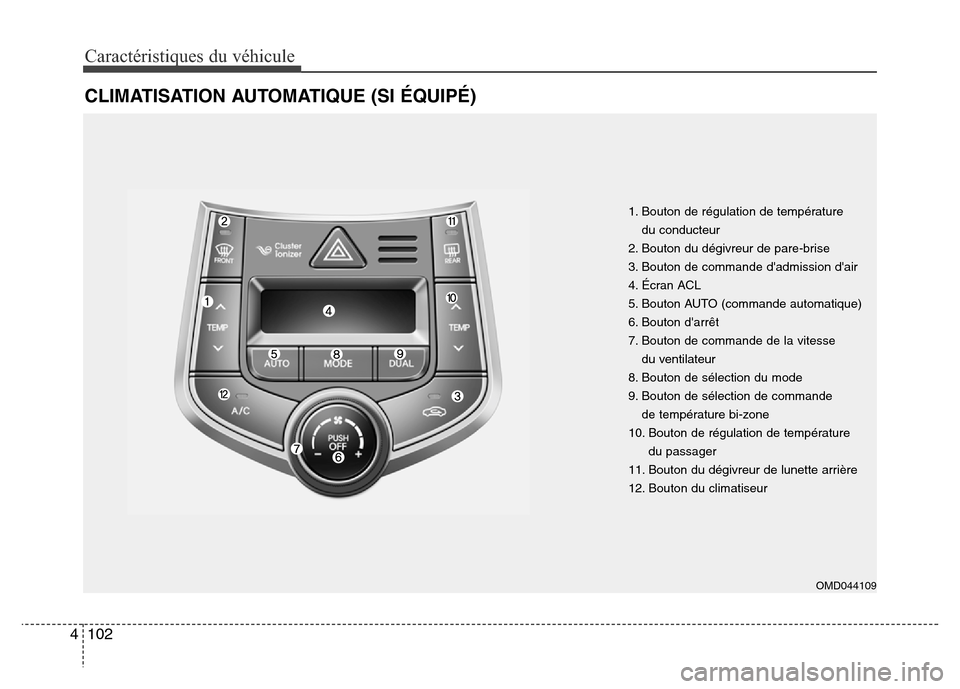 Hyundai Elantra 2016 Manuel du propriétaire (in French) Caractéristiques du véhicule
102
4
CLIMATISATION AUTOMATIQUE (SI ÉQUIPÉ)
1. Bouton de régulation de température
du conducteur
2. Bouton du dégivreur de pare-brise
3. Bouton de commande dadmis Hyundai Elantra 2016 Manuel du propriétaire (in French) Caractéristiques du véhicule
102
4
CLIMATISATION AUTOMATIQUE (SI ÉQUIPÉ)
1. Bouton de régulation de température
du conducteur
2. Bouton du dégivreur de pare-brise
3. Bouton de commande dadmis
