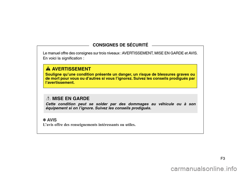Hyundai Elantra 2016 Manuel du propriétaire (in French) F3
Le manuel offre des consignes sur trois niveaux : AVERTISSEMENT, MISE EN GARDE et AVIS.
En voici la signification :
✽ AVIS
L’avis offre des renseignements intéressants ou utiles.
CONSIGNES DE Hyundai Elantra 2016 Manuel du propriétaire (in French) F3
Le manuel offre des consignes sur trois niveaux : AVERTISSEMENT, MISE EN GARDE et AVIS.
En voici la signification :
✽ AVIS
L’avis offre des renseignements intéressants ou utiles.
CONSIGNES DE