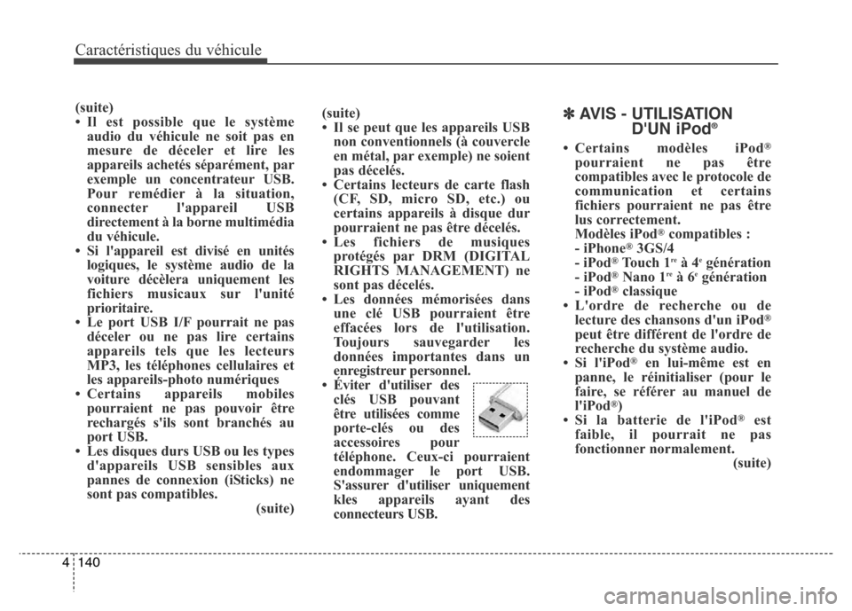 Hyundai Elantra 2016 Manuel du propriétaire (in French) Caractéristiques du véhicule
140
4
(suite)
• Il se peut que les appareils USB
non conventionnels (à couvercle
en métal, par exemple) ne soient
pas décelés.
• Certains lecteurs de carte flash Hyundai Elantra 2016 Manuel du propriétaire (in French) Caractéristiques du véhicule
140
4
(suite)
• Il se peut que les appareils USB
non conventionnels (à couvercle
en métal, par exemple) ne soient
pas décelés.
• Certains lecteurs de carte flash