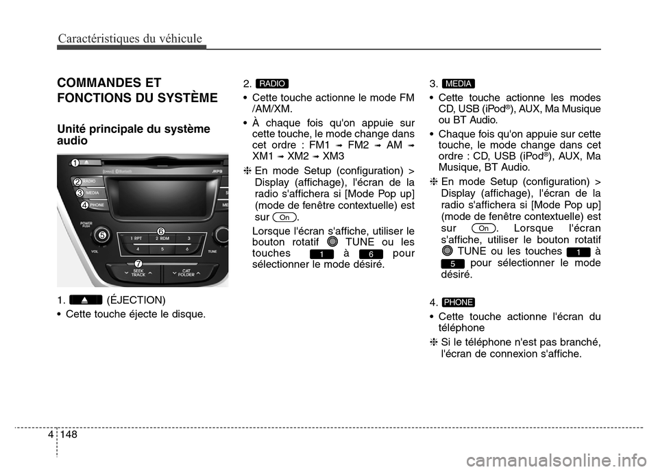 Hyundai Elantra 2016  Manuel du propriétaire (in French) Caractéristiques du véhicule
148
4
COMMANDES ET
FONCTIONS DU SYSTÈME
Unité principale du système
audio
1. (ÉJECTION)
• Cette touche éjecte le disque. 2.
• Cette touche actionne le mode FM
/