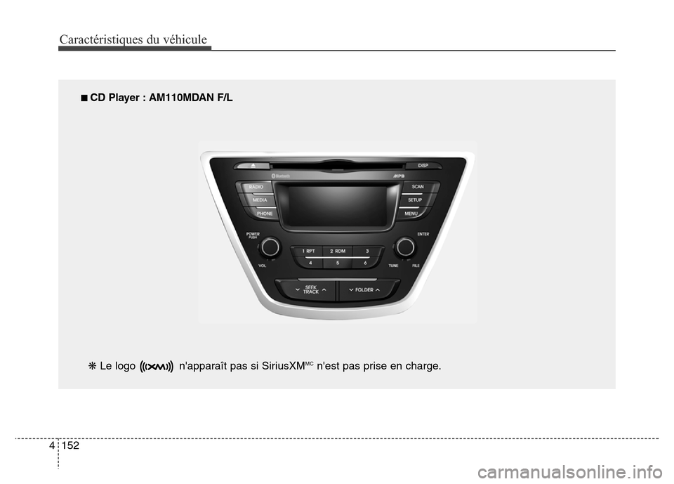 Hyundai Elantra 2016  Manuel du propriétaire (in French) Caractéristiques du véhicule
152
4
■ CD Player : AM110MDAN F/L
❋  Le logo  napparaît pas si SiriusXM
MCnest pas prise en charge. 
