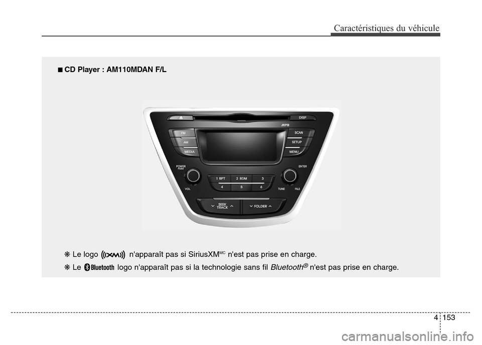 Hyundai Elantra 2016  Manuel du propriétaire (in French) 4153
Caractéristiques du véhicule
■ CD Player : AM110MDAN F/L
❋  Le logo  napparaît pas si SiriusXM
MCnest pas prise en charge.
❋  Le  logo napparaît pas si la technologie sans fil 
Bluet