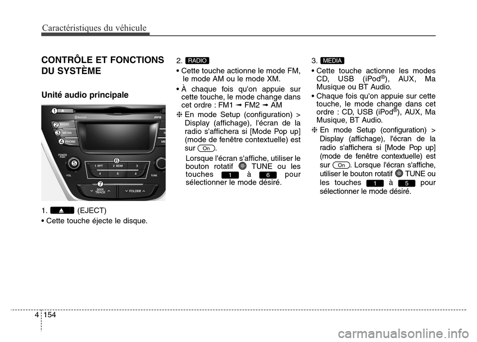 Hyundai Elantra 2016  Manuel du propriétaire (in French) Caractéristiques du véhicule
154
4
CONTRÔLE ET FONCTIONS
DU SYSTÈME
Unité audio principale 
1. (EJECT)
• Cette touche éjecte le disque. 2.
• Cette touche actionne le mode FM,
le mode AM ou l