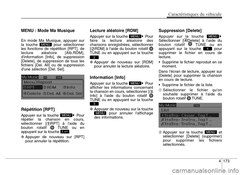 Hyundai Elantra 2016  Manuel du propriétaire (in French) 4173
Caractéristiques du véhicule
MENU : Mode Ma Musique 
En mode Ma Musique, appuyer sur
la touche  pour sélectionner
les fonctions de répétition [RPT], de
lecture aléatoire [Alb.RDM],
dinform