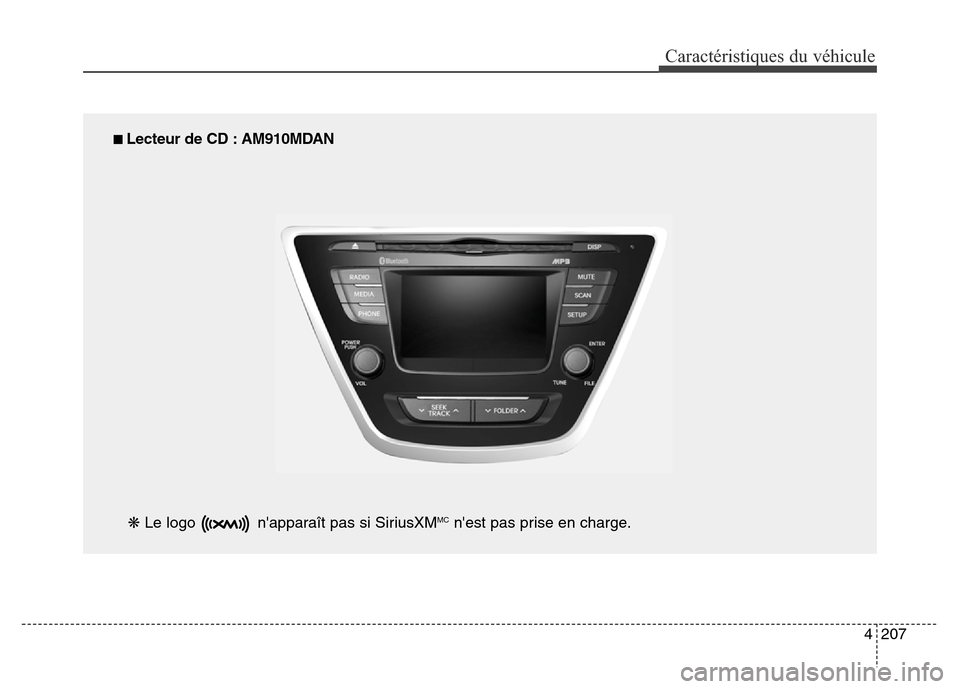 Hyundai Elantra 2016 Manuel du propriétaire (in French) 4207
Caractéristiques du véhicule
■ Lecteur de CD : AM910MDAN
❋ Le logo napparaît pas si SiriusXMMCnest pas prise en charge. Hyundai Elantra 2016 Manuel du propriétaire (in French) 4207
Caractéristiques du véhicule
■ Lecteur de CD : AM910MDAN
❋ Le logo napparaît pas si SiriusXMMCnest pas prise en charge.