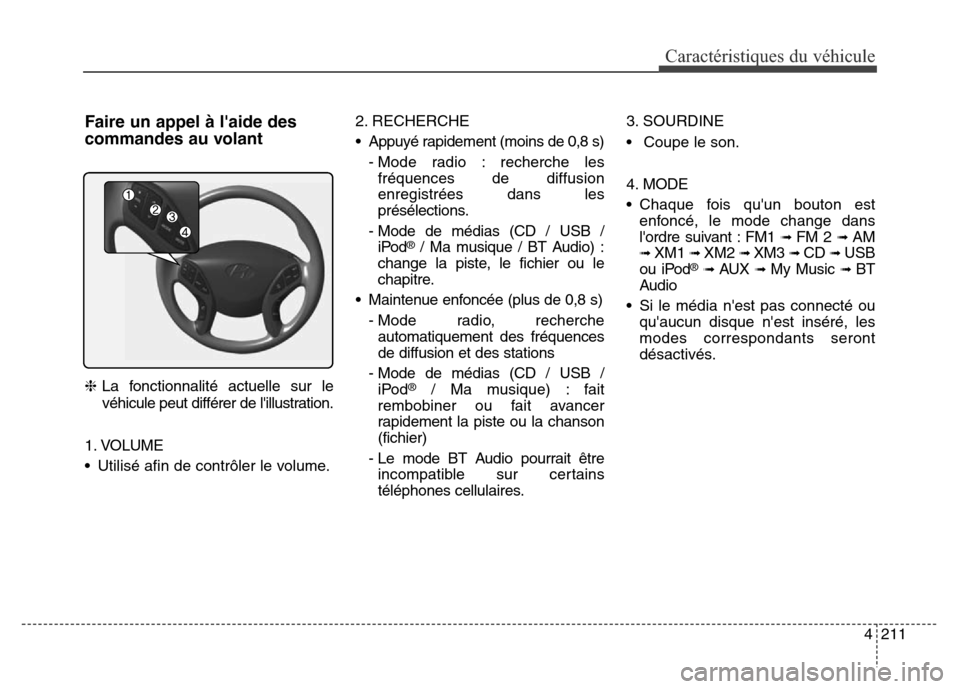 Hyundai Elantra 2016 Manuel du propriétaire (in French) 4211
Caractéristiques du véhicule
Faire un appel à laide des
commandes au volant
❈La fonctionnalité actuelle sur le
véhicule peut différer de lillustration.
1. VOLUME
• Utilisé afin de co Hyundai Elantra 2016 Manuel du propriétaire (in French) 4211
Caractéristiques du véhicule
Faire un appel à laide des
commandes au volant
❈La fonctionnalité actuelle sur le
véhicule peut différer de lillustration.
1. VOLUME
• Utilisé afin de co