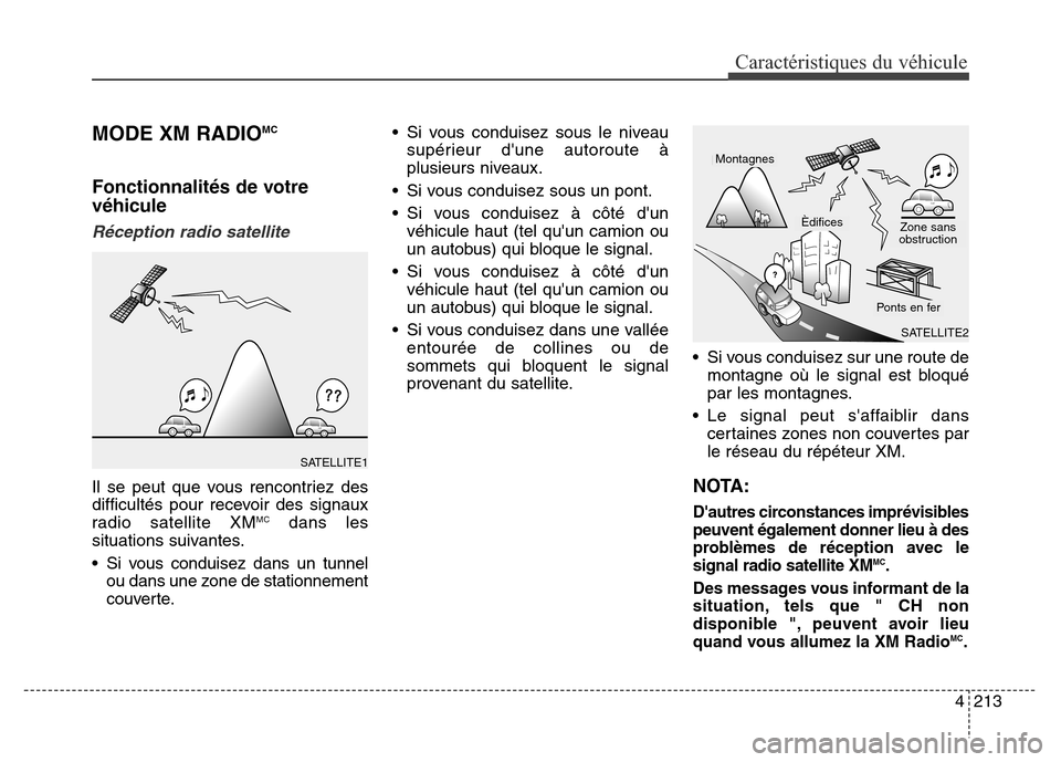 Hyundai Elantra 2016 Manuel du propriétaire (in French) 4213
Caractéristiques du véhicule
MODE XM RADIOMC
Fonctionnalités de votre
véhicule
Réception radio satellite
Il se peut que vous rencontriez des
difficultés pour recevoir des signaux
radio sate Hyundai Elantra 2016 Manuel du propriétaire (in French) 4213
Caractéristiques du véhicule
MODE XM RADIOMC
Fonctionnalités de votre
véhicule
Réception radio satellite
Il se peut que vous rencontriez des
difficultés pour recevoir des signaux
radio sate