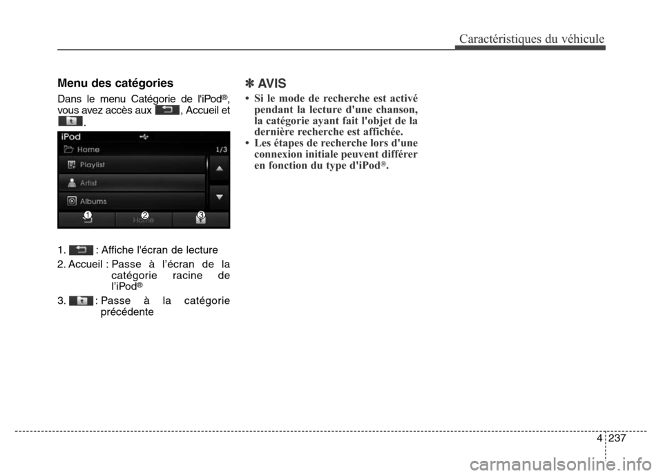 Hyundai Elantra 2016 Manuel du propriétaire (in French) 4237
Caractéristiques du véhicule
Menu des catégories
Dans le menu Catégorie de liPod®,
vous avez accès aux , Accueil et
.
1. : Affiche lécran de lecture
2. Accueil : P asse à l’écran de Hyundai Elantra 2016 Manuel du propriétaire (in French) 4237
Caractéristiques du véhicule
Menu des catégories
Dans le menu Catégorie de liPod®,
vous avez accès aux , Accueil et
.
1. : Affiche lécran de lecture
2. Accueil : P asse à l’écran de
