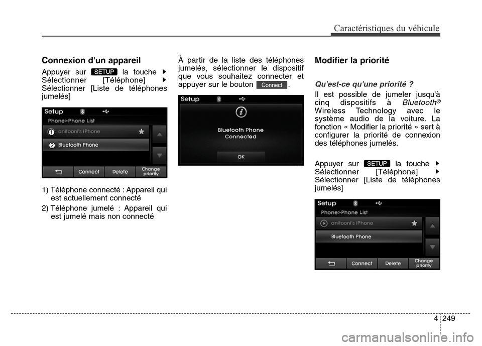 Hyundai Elantra 2016  Manuel du propriétaire (in French) 4249
Caractéristiques du véhicule
Connexion dun appareil
Appuyer sur  la touche 
Sélectionner [Téléphone] 
Sélectionner [Liste de téléphones
jumelés]
1) Téléphone connecté : Appareil quie